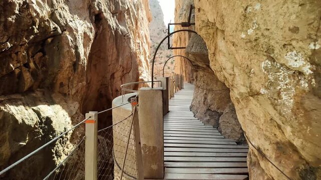 El Caminito del Rey, a walking trail running along the steep limestone gorge walls in the Desfiladero de los Gaitanes National Park, near the village of El Chorro in the Spanish province of Malaga