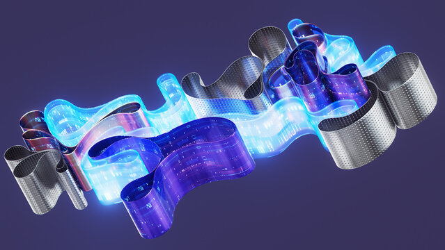 Abstract Glowing Data Ribbons with Digital Information Flow