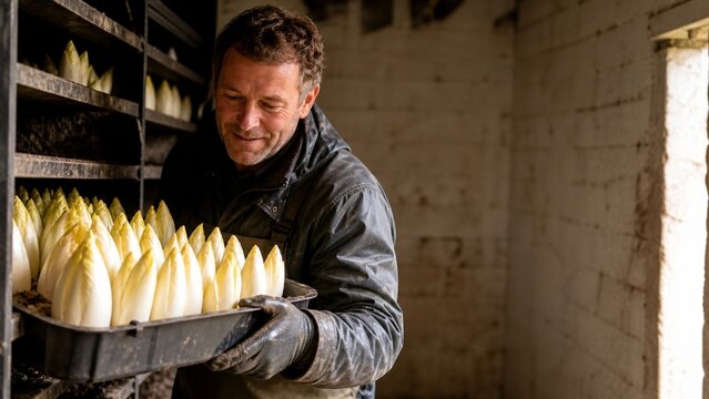 A man wearing dark protective clothing and gloves holds a black plastic tray of white chicory heads, standing beside shelves in a stone building