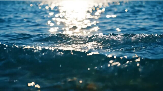 Golden sunlight reflecting on blue ocean ripples at sunset