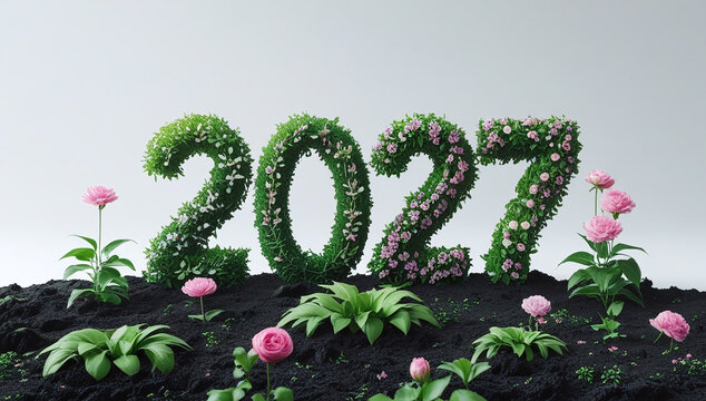 2027 Floral Green Typography New Year Background