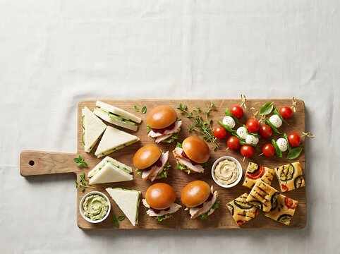 Fresh party food platter with small sandwiches sliders and appetizer skewers on a wooden serving board. Sandwich appetizer ideas