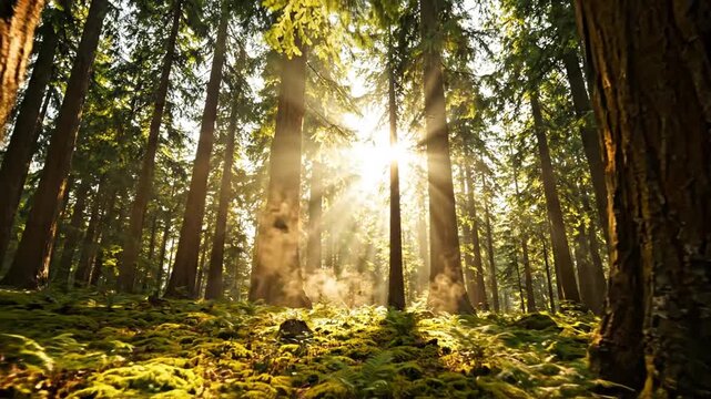 Sunlight streaming through redwood forest trees onto mossy ground