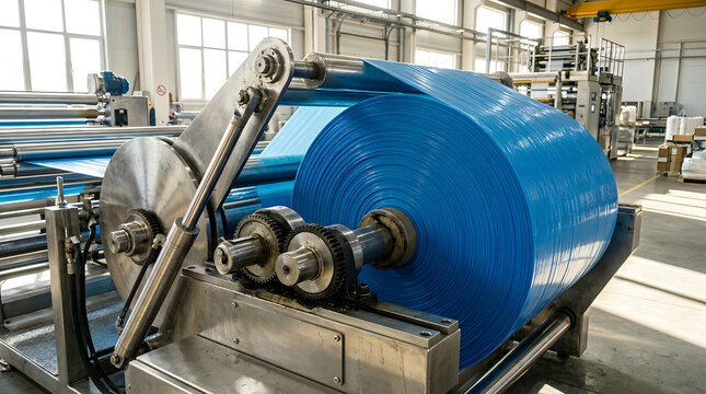 Industrial Plastic Film Extrusion Machine Rolling Blue Sheet | Automated Polyethylene Film Winding Equipment in Factory | Large Blue Plastic Roll Manufacturing Process on Industrial Machine