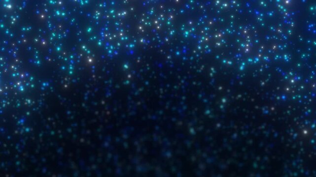 Blue and cyan particles shimmer across dark abstract space, forming luminous field of drifting points. Glowing specks create calm, futuristic digital background with soft depth and subtle motion.