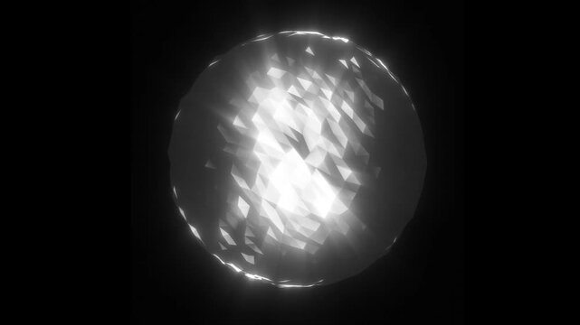 Glowing geometric sphere rotates against pure black background, revealing shifting crystalline facets. Abstract light orb creates quiet, futuristic monochrome effect with enigmatic mood.