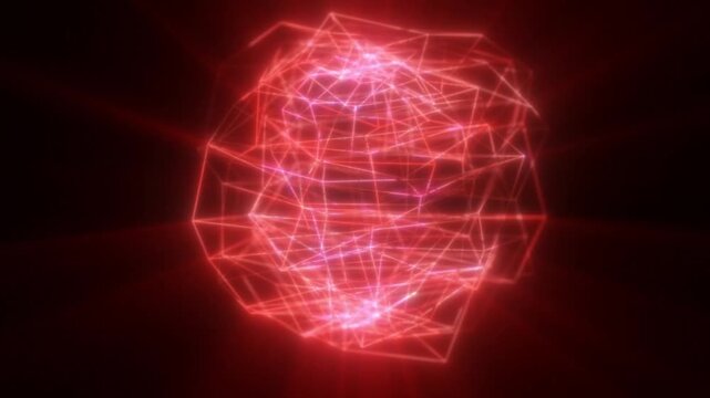 Luminous red wireframe sphere turns gently in darkness. Fine glowing lines shift across its layered geometric form, creating abstract digital design with pink light and futuristic visual style.