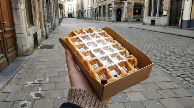 Fresh Belgian Waffle with Powdered Sugar in Takeaway Box Street View | Delicious Li&egrave;ge Waffle Served in Paper Container on Cobblestone Street | Hand Holding Freshly Baked Waffle on European City 