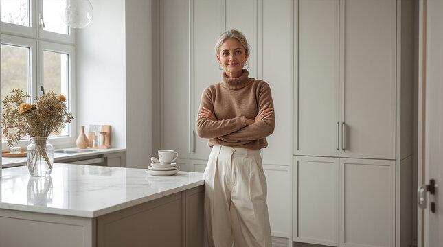 Woman with forearm limb difference standing at kitchen island with calm dignified confident mood generative AI