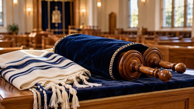 Simchat Torah Scroll in Blue Velvet Cover with Gold Embroidery and Folded Tallit Prayer Shawl on Synagogue Table