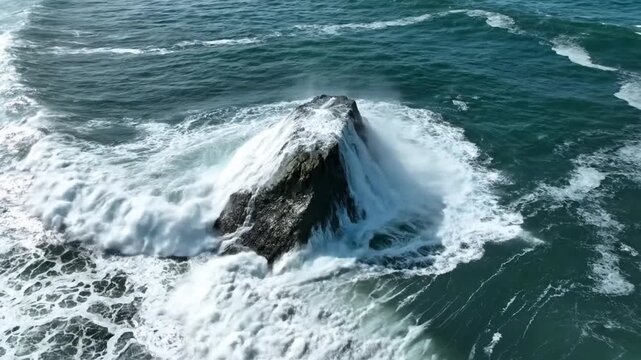 Aerial view of ocean waves crashing against sea rock