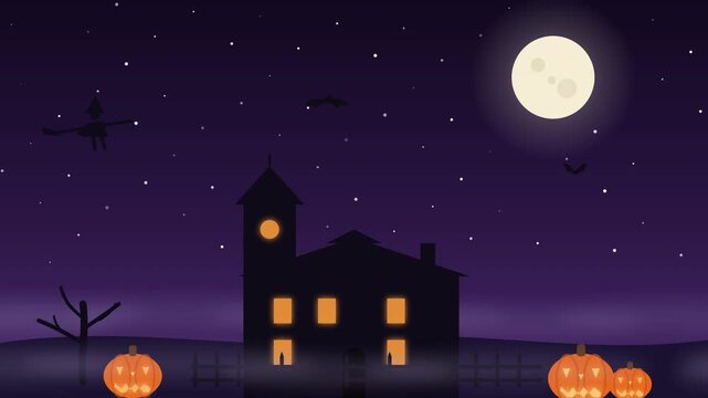 A spooky Halloween night with a haunted house and glowing pumpkins