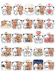 Obraz premium Cute Bear Couple Sticker Sheet, Kawaii Brown Bear and Panda Couple Love Stickers, 25 Pcs