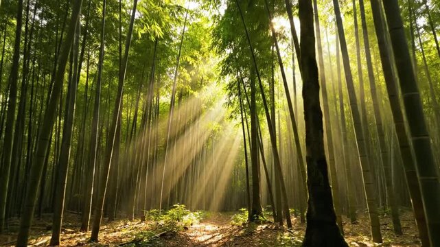 Sunlight filtering through dense bamboo forest onto dirt path