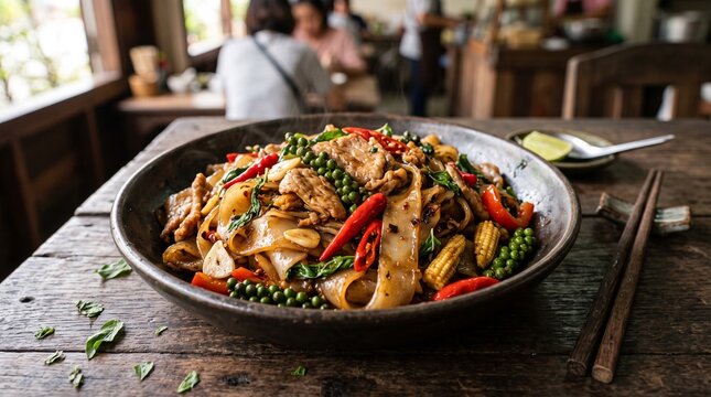 Traditional Thai Drunken Noodles Pad Kee Mao