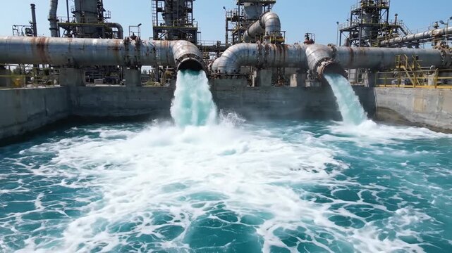 Industrial pipes discharging blue water into a large pool