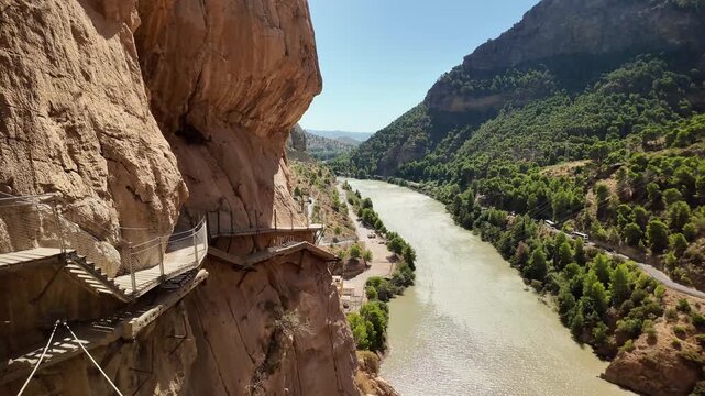El Caminito del Rey, a walking trail running along the steep limestone gorge walls in the Desfiladero de los Gaitanes National Park, near the village of El Chorro in the Spanish province of Malaga