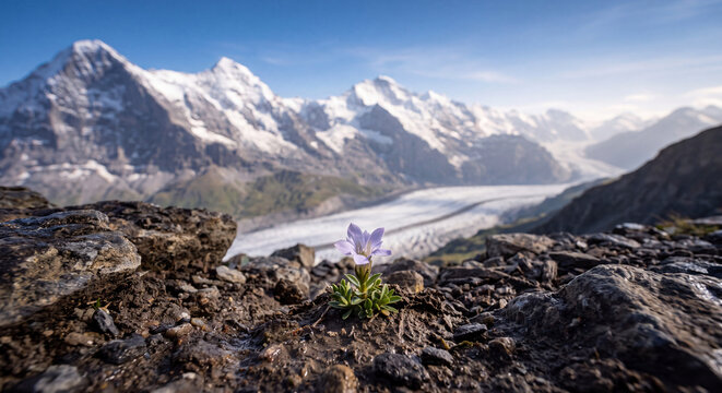 Breathtaking panoramic view of snow-capped mountain peaks and a glacier carved valley under a clear blue sky. Ideal for travel, adventure and nature landscape use.