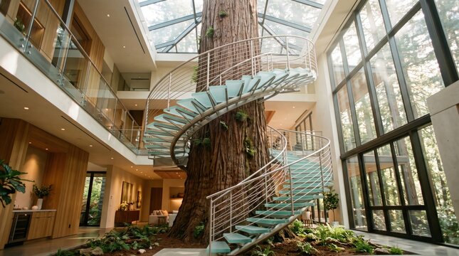 Spiral staircase wrapping around a giant redwood tree in a modern home