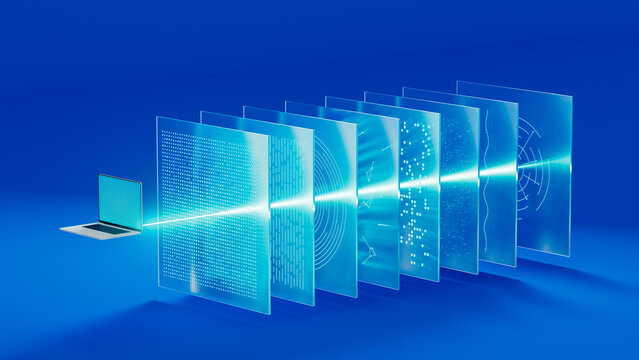 Laptop Transmitting Data Through Futuristic Glass Screens