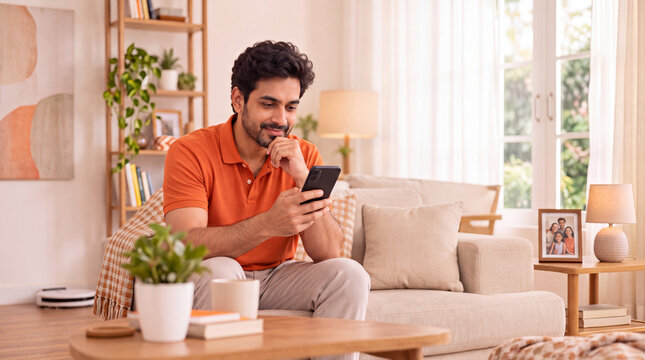 Casual man with a beard sitting on a sofa at home, smiling while checking his smartphone in a bright cozy living room. Everyday lifestyle and technology concept.