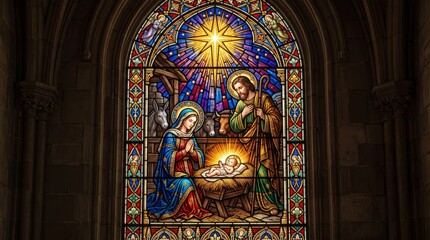 Fototapeta premium Stained glass Nativity scene with baby Jesus, Mary and Joseph beneath the Star of Bethlehem. Christian Christmas tradition and Catholic worship. Biblical birth of Christ. Church window art.