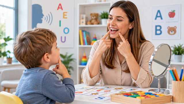 Female speech therapist doing articulation exercises with young boy in therapy room