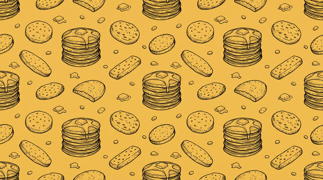 Vintage pancakes and cookies seamless pattern in sketch style on yellow background for bakery packaging and kitchen decor with copy space
