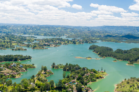 Penol guatape reservoir with islands and green hills in colombia