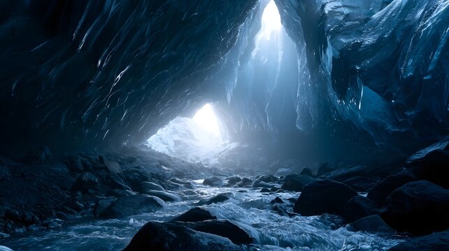 A luminous ice cave with flowing water  dramatic blue lighting  and textured frozen walls creating a serene natural scene