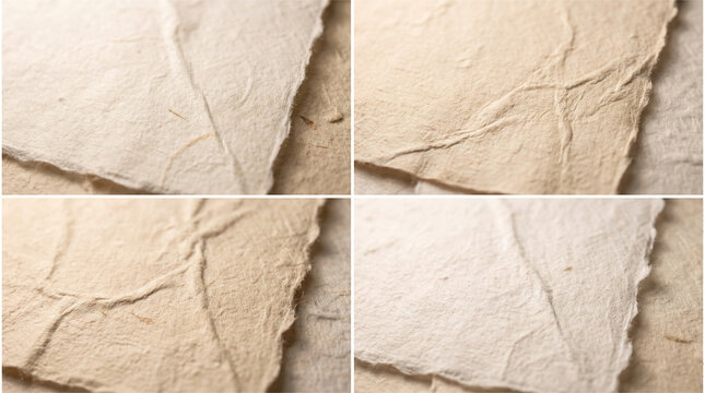 Macro textures of natural handmade paper with organic fibers and deckled edges for artistic backgrounds and sustainable graphic design uses.