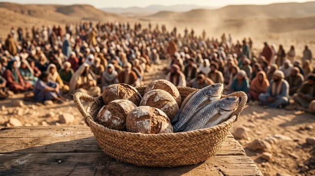 Basket of bread and fish before a crowd in a desert landscape. Jesus feeds the five thousand, Biblical miracle. Christian faith and Gospel story. Catholic religious narrative