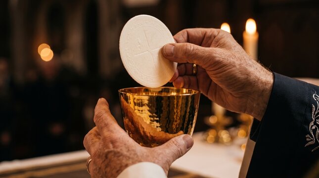 Priest holding Eucharistic host above chalice during Catholic Mass. Holy Communion and Eucharist sacrament. Christian worship, liturgy and Catholic faith. Sacred ritual of the church.