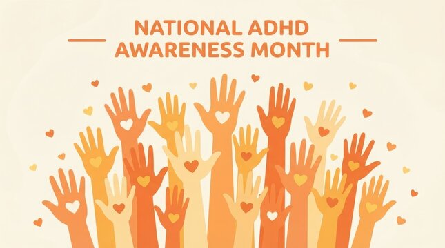 National adhd awareness month illustration with raised hands and hearts