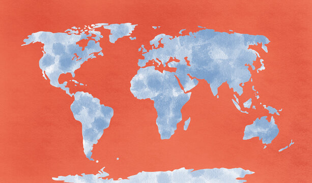 Map of the World With Blue Continents on a Red Background