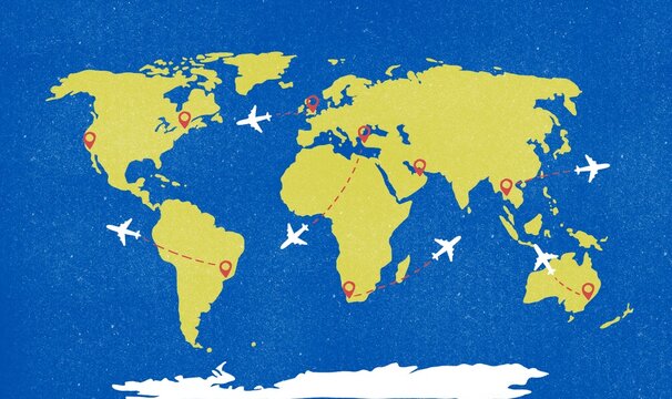 World Map Showing Travel Routes and Locations With Planes