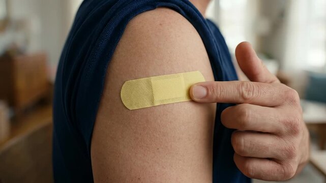 Man displays his arm with a bandage after vaccination, signifying health and medical progress. Conceptual healthcare video