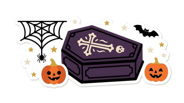 Halloween purple coffin with cross spider web flying bat cute smiling pumpkins