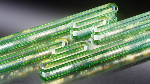Glowing Green Data Ribbon Network with Digital Interface