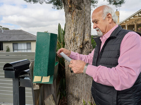 Man Checks Mail in Front of House With Trees in the Background