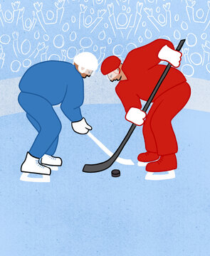 Two Players Face-Off During a Hockey Game on an Ice Rink