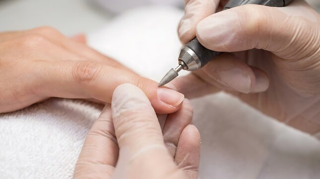 Professional manicurist in gloves using an electric nail drill machine for manicure treatment in a salon
