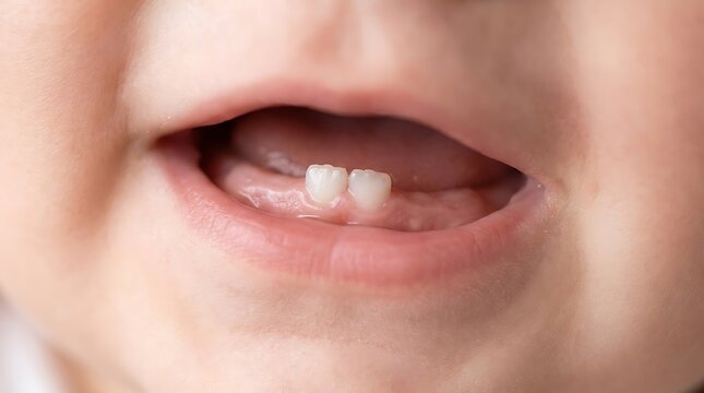 Cute baby smiling and showing first milk teeth in open mouth close up