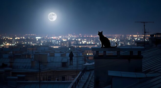 Mystical night cityscape with a silhouette of a cat sitting on a rooftop under a bright full moon