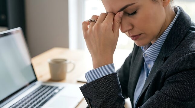 Stressed businesswoman rubbing her nose bridge while working on a laptop at the office desk