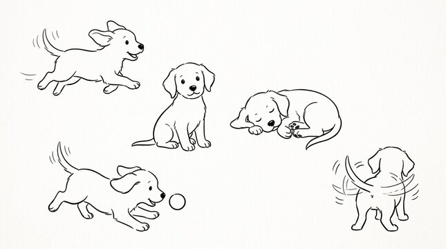 Set of cute hand drawn puppy sketches showing various activities and poses.