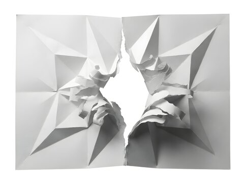 Folded white paper with sharp geometric creases ripped open at the center, revealing a hole on white background