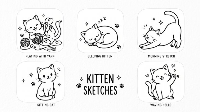 Set of cute hand drawn kitten sketches in various poses and actions.