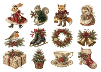 Obraz premium PNG Vintage Christmas woodland animals and festive holiday decor set