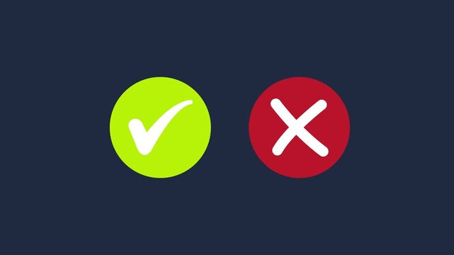 Minimalist motion featuring animated green checkmark and red cross symbols on a dark background, ui ux interactive surveys, decision making, and digital feedback presentations